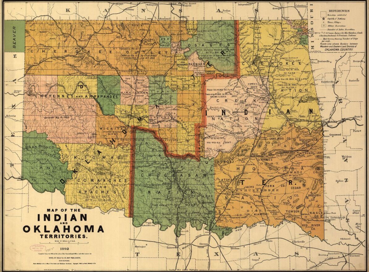 This 1892 map of Oklahoma shows Indian territory was reduced to roughly half the state through the Organic Act of 1890.